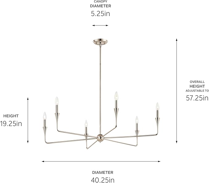 Kichler Alvaro 6-Light Chandelier, Soft Modern Light in Polished Nickel, for Dining or Living Room, Office or Bedroom (19.25" x 40.25"), 52690PN