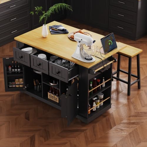 Bellemave 53" Mobile Kitchen Island with Drop Leaf, Rolling Kitchen Cart with Power Outlet and Door Internal Storage Rack, Island Table with 5 Open Side Racks for Dining Room (Black)