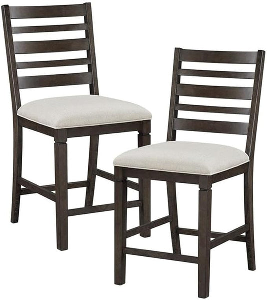 Pemberly Row Textured Beige Counter Height Chairs - Set of 2, Espresso Finish, Upholstered Fabric Seats, Sturdy Wood Frame, 250lb Weight Capacity, Rustic Kitchen or Dining Room Seating