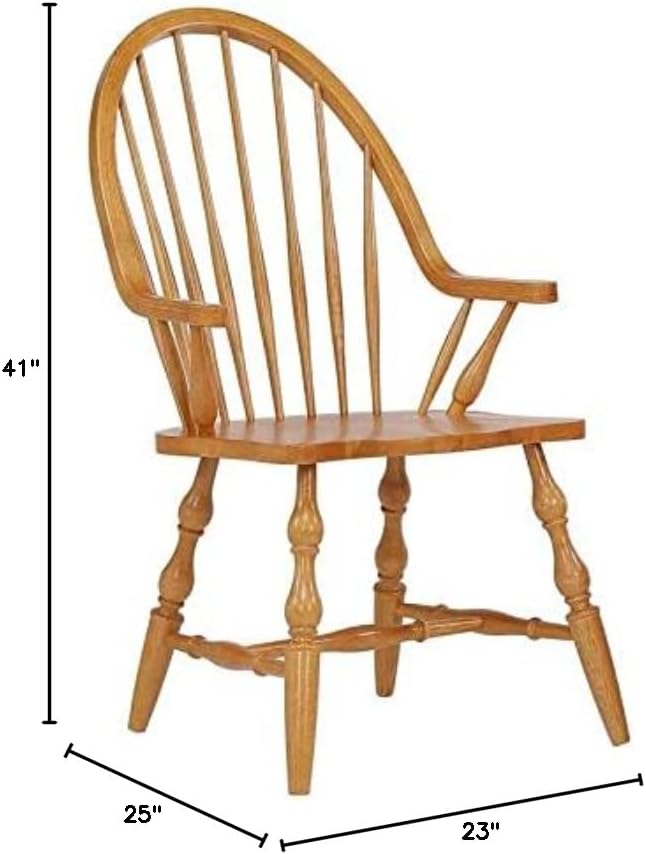 Sunset Trading Oak Selections Windsor Spindleback Dining Chair with Arms | Fully Assembled Kitchen Armchair| Modern Farmhouse Minimalist Country Cottage | Light Oak Solid Wood