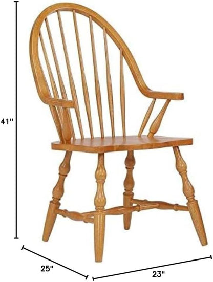 Sunset Trading Oak Selections Windsor Spindleback Dining Chair with Arms | Fully Assembled Kitchen Armchair| Modern Farmhouse Minimalist Country Cottage | Light Oak Solid Wood