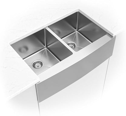 MSI 33 inch Undermount 50/50 Double Bowl Farmhouse Apron Stainless Steel Kitchen Sink and Strainer, 16 Gauge