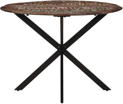 Round Dining Table Multicolor Solid Reclaimed Wood, Powder-Coated Steel, 43.3-inch for Kitchen, Dining Room, Modern Farmhouse Style, Seats 4 People
