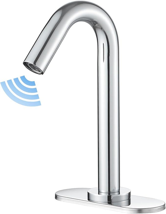 BWE Touchless Bathroom Sink Faucet,Chrome Automatic Motion Sensor Faucet,Hand-Free Electric Smart Commercial Sink Faucet,with Hole Cover Plate and Control Box,Battery or Plug-in Powered