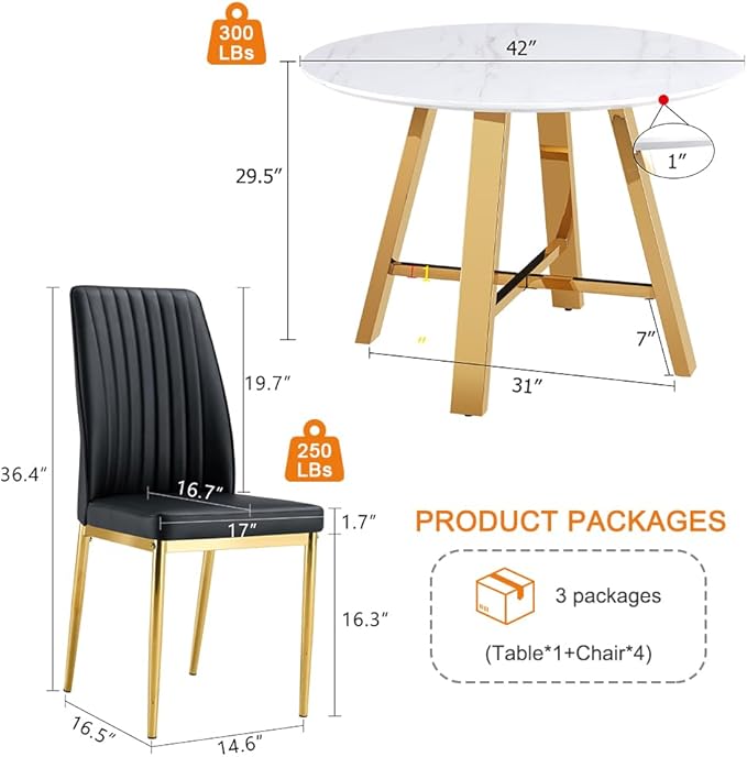 Round Dining Table Set for 4, Round Dining Room Table Set for 4 with Chrome Leg and 4 Chair Dining Table Set, Small Kitchen Island with Seating for Small Spaces(BKG)