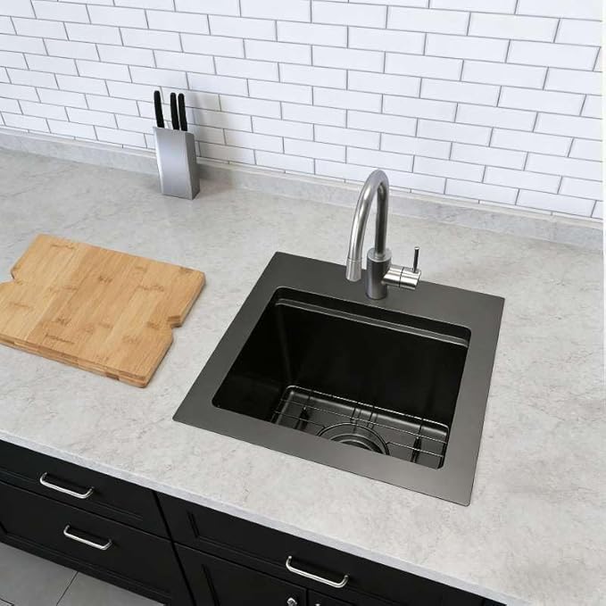 15 Inch Black Sink Drop In, 16 Gauge 304 Stainless Steel Workstaion Kitchen Sinks with Ledge & Accessories, 15" x 15" x10" Deep Bowl For Outdoor, RV,Prep Sink, and Wet Bar