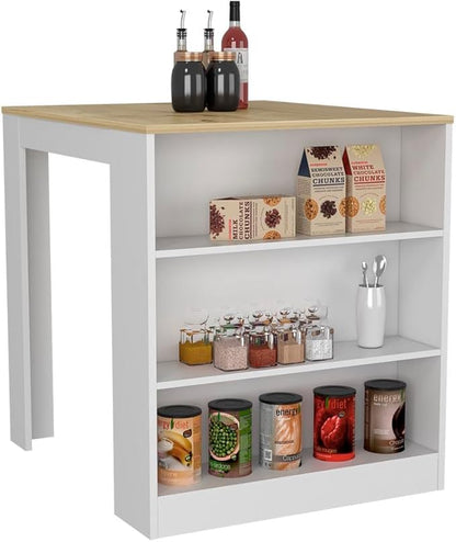 White Pine Kitchen Island Table with Three Shelves, Modern Two-Leg Design for Compact Dining Space