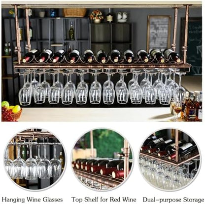 Adjustable Industrial Ceiling Wine Rack - Hanging Glass Holder & Home Bar Counter Shelf for Stemware, Perfect for Kitchen Island, Cafe & Restaurant Storage Solutions