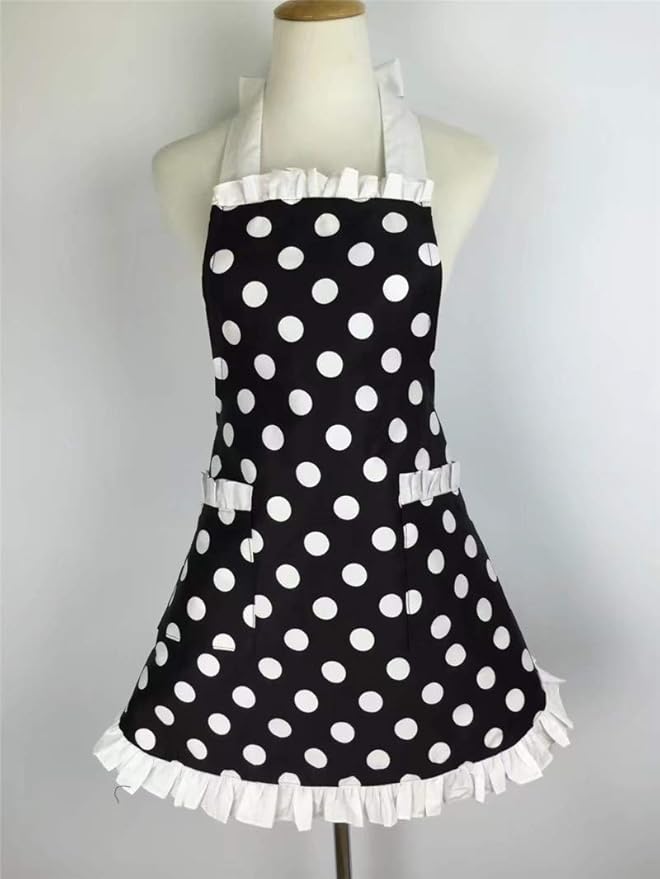 Hyzrz Cute Apron Retro Black Polka Dot Retro Ruffle Side Vintage Cooking Aprons with Pockets for Women Girls (Side White)