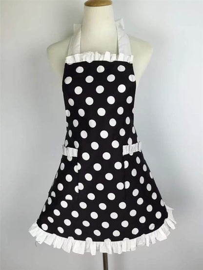 Hyzrz Cute Apron Retro Black Polka Dot Retro Ruffle Side Vintage Cooking Aprons with Pockets for Women Girls (Side White)