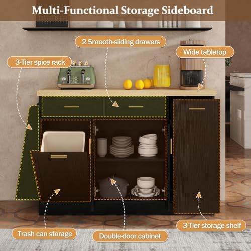 Bellemave Sideboard Buffet Cabinet with Drawers & Adjustable Shelves, Modern Kitchen Pantry with Tilt Out Trash Can, Coffee Bar Station with 3-Tier Pull-Out Rack for Dining Room, Kitchen (Black/58)