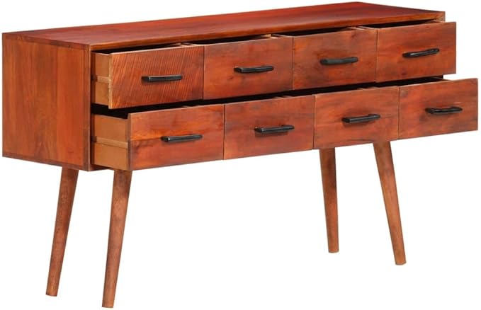 Solid Mango Wood Sideboard Buffet Cabinet 43.3" L, 8-Drawer Coffee Bar Storage Console Table with Iron Frame, Stained Brown, Wall-Mountable, for Living Room & Kitchen