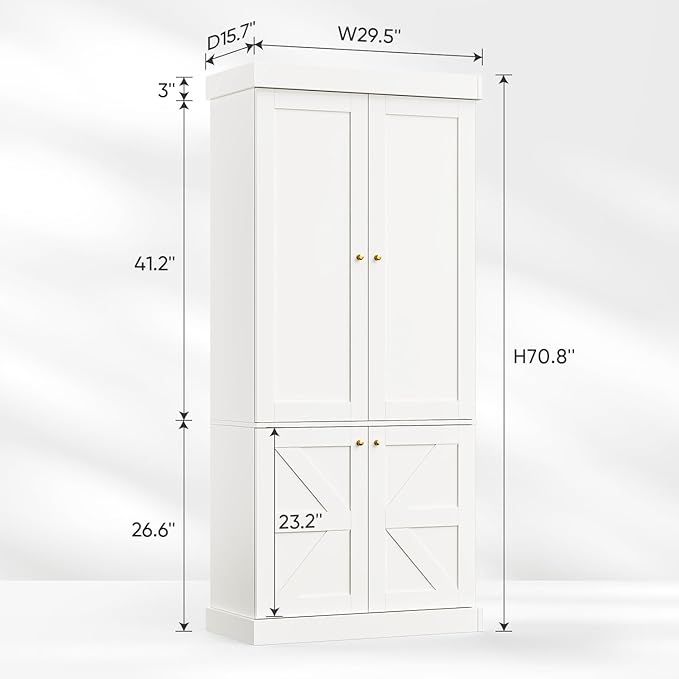 70.8" Tall Farmhouse Kitchen Pantry Cabinet with Glass Doors, Modular Wooden Storage Cabinet with 6-Tier Adjustable Shelves, Hutch for Kitchen or Living Room, Set of 3, White