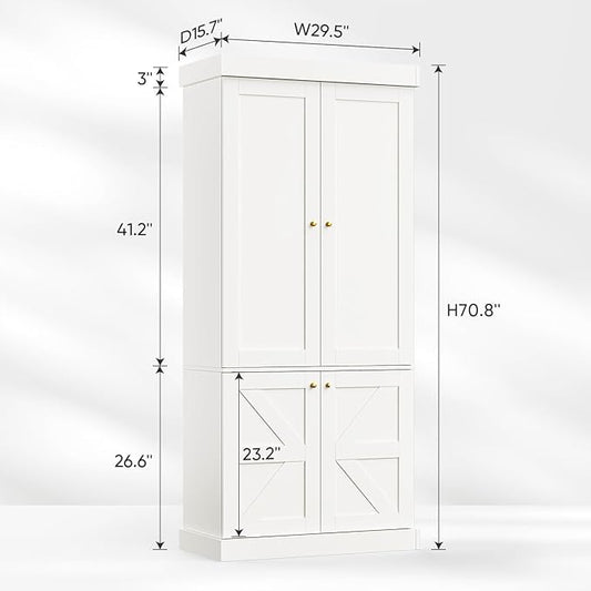 70.8" Tall Farmhouse Kitchen Pantry Cabinet with Doors, Modular Storage Cabinet with 4-Tier Adjustable Shelves, Wooden Hutch for Kitchen or Living Room, Set of 4, White