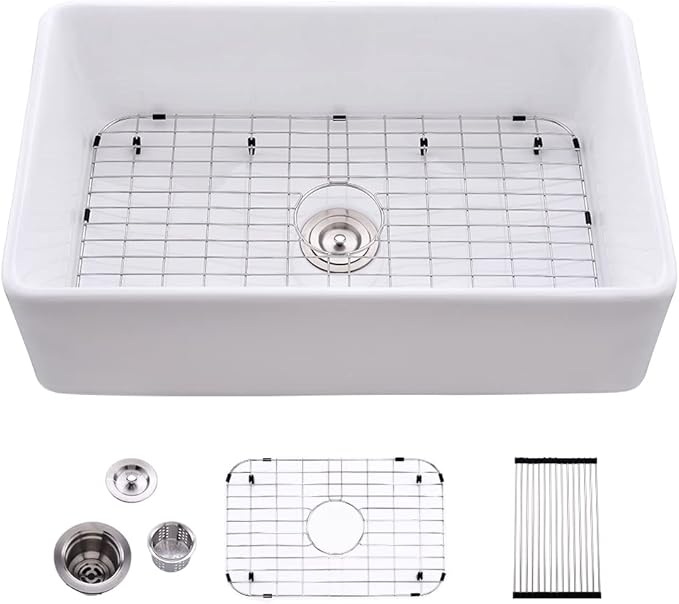 33 Inch Fireclay Farmhouse Sink White-Bokaiya 33x20 White Kitchen Sink Farm House Apron Front Porcelain Ceramic Deep Single Bowl Farm Sink with Dish Rack