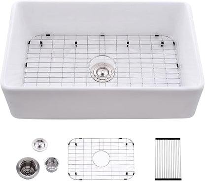 33 Inch Fireclay Farmhouse Sink White-Bokaiya 33x20 White Kitchen Sink Farm House Apron Front Porcelain Ceramic Deep Single Bowl Farm Sink with Dish Rack