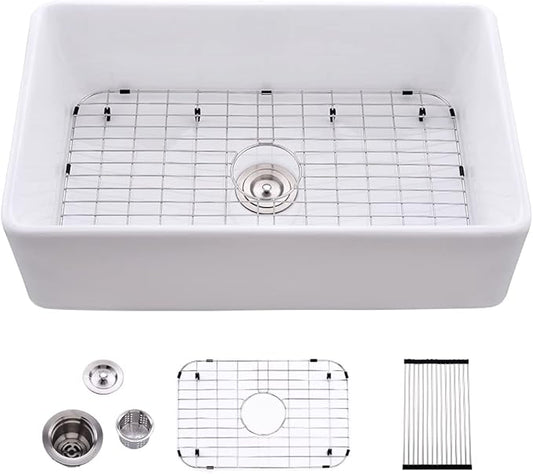 33 Inch Fireclay Farmhouse Sink White-Bokaiya 33x20 White Kitchen Sink Farm House Apron Front Porcelain Ceramic Deep Single Bowl Farm Sink with Dish Rack