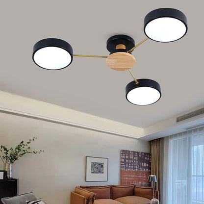 LED Ceiling Light Fixture,26 Inch 3-Lights Modern Ceiling Lights Flush Mount Wooden 24W Dimmable Chandelier for Living Room Bedroom Kitchen,3000K/4000K/6000K Temperatures Selectable Black