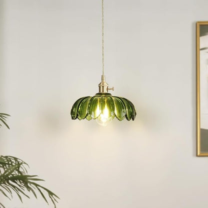 Plug in Pendant Light with Green Glass Lamp Shade Brass Vintage Hanging Light Fixture Adjustable Chandelier for Kitchen Island Dining Room Bedroom Living Room Hallway (Green)