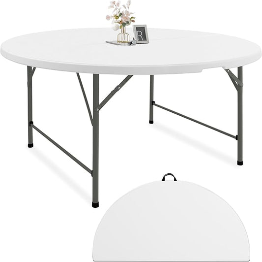Fivenl 6 FT Round Folding Tables White Foldable Table, Fold-in-Half with Carrying Handle Portable Plastic Table for Party, Dining, Wedding, Camping, Picnic, Indoor Outdoor Events