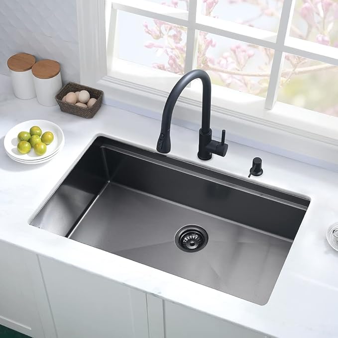 25 Inch Black Undermount Kitchen Sink Workstation-Hovheir 25x19 Black Stainless Steel Kitchen Sink Undermount 16 Gauge Deep Single Bowl Under Mount Sinks with Cutting Board