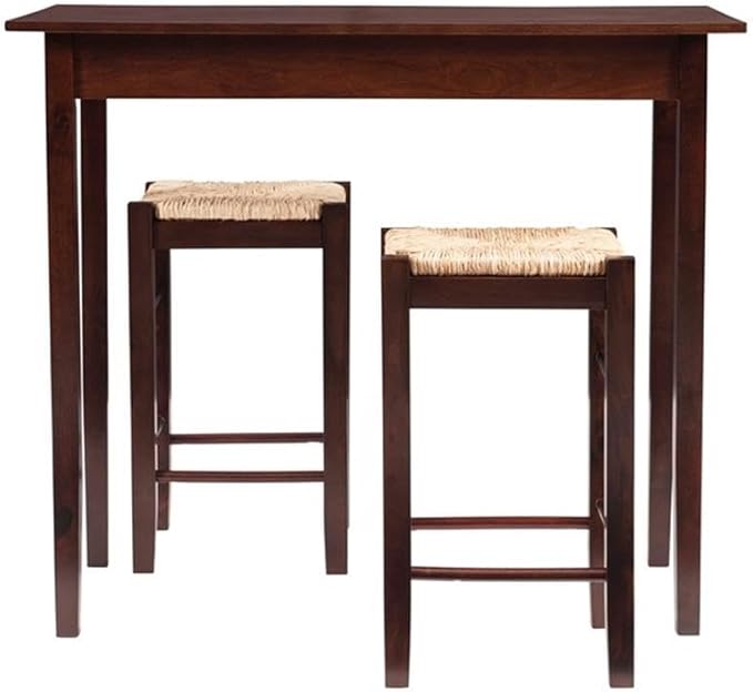 Linon Tavern Espresso Counter Height Table with 2 Stools - Kitchen Bar Set Sea Grass/Rush Seat