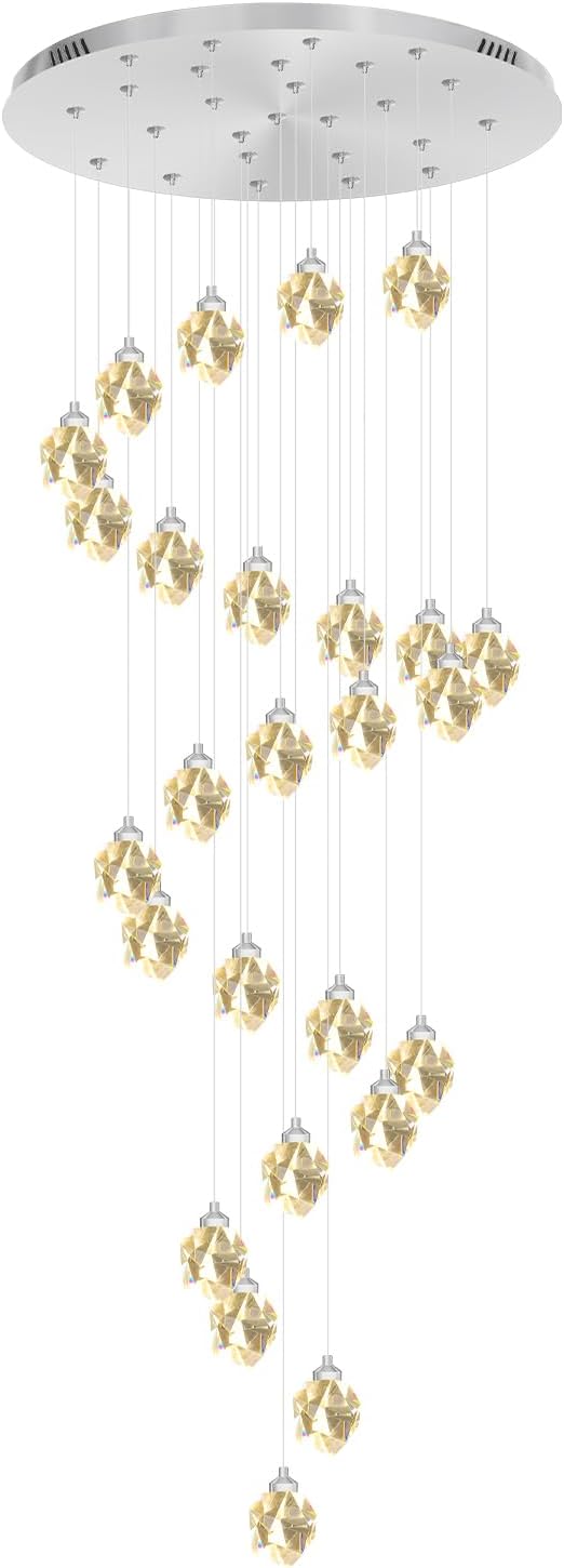 Large Crystal Chandeliers for High Ceiling 135 inches Long Staircase Entrance Chandelier for Foyer Dimmable LED Ceiling Chandelier 26 Light Silver