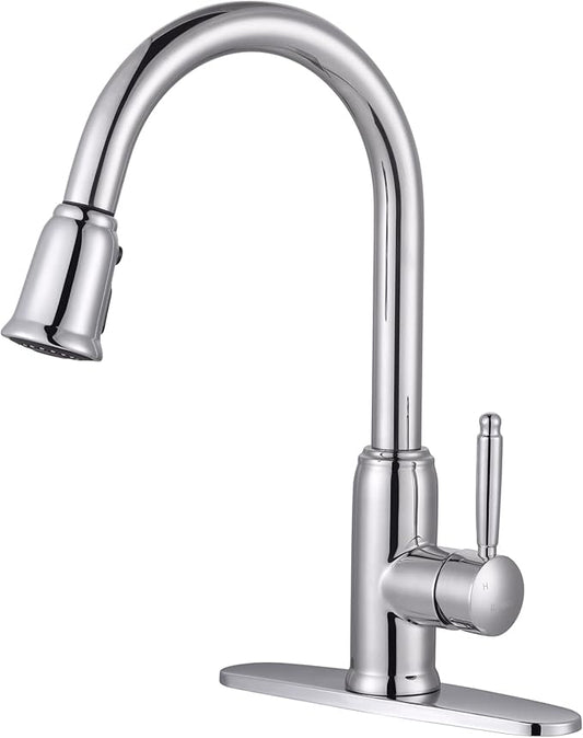 WOWOW Chrome Kitchen Faucet with Sprayer: 304 Stainless Steel Kitchen Sink Faucet for 1 or 3 Hole, High Arc Single Handle Mixer Taps with Deck Plate, Vintage Style