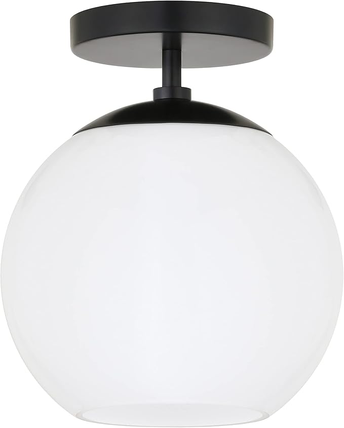 Henn&Hart 9" Semi-Flush Mount Ceiling Light Fixture with White Milk Glass Globe Shade for Entryway, Bedroom, Bathroom, Kitchen or Closet, Flat Black
