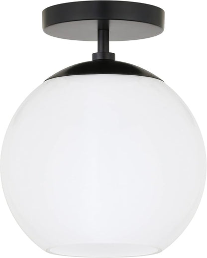 Henn&Hart 9" Semi-Flush Mount Ceiling Light Fixture with White Milk Glass Globe Shade for Entryway, Bedroom, Bathroom, Kitchen or Closet, Flat Black