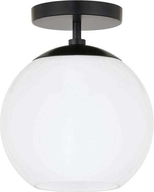 Henn&Hart 9" Semi-Flush Mount Ceiling Light Fixture with White Milk Glass Globe Shade for Entryway, Bedroom, Bathroom, Kitchen or Closet, Flat Black