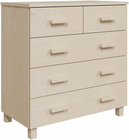 Honey Brown Solid Pine Wood Sideboard, 5-Drawer Buffet Cabinet, 31.1" Living Room Furniture, Stained Finish, Rectangular Storage Kitchen Furnitur
