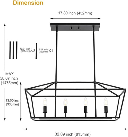 BONLICHT 4 Light Kitchen Island Linear Pendant Lighting Industrial Large Black Farmhouse Chandelier Modern Rectangle Dining Room Light Fixtures Hanging Ceiling Over Table,E12 Base