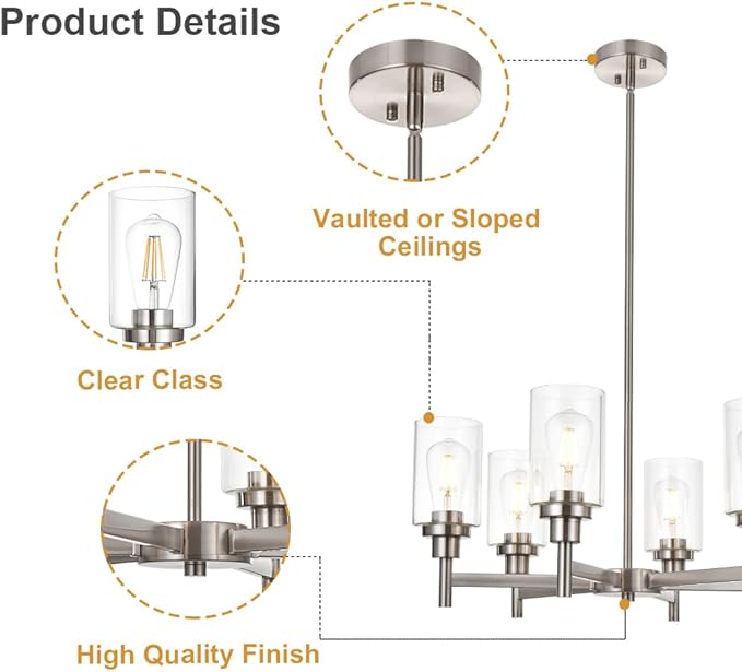 VINLUZ 6 Light Contemporary Chandelier Brushed Nickel Modern Pendant Lighting Cylinder Clear Glass Shaded Classic Ceiling Light Fixtures for Living Room Dining Room Kitchen