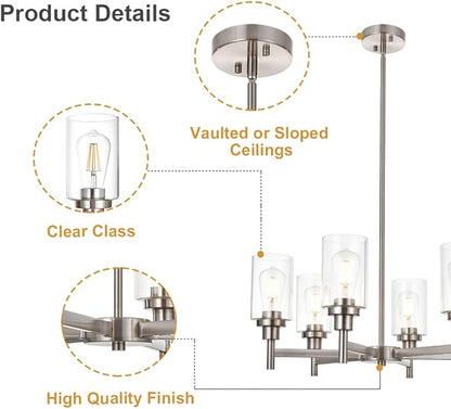 VINLUZ 6 Light Contemporary Chandelier Brushed Nickel Modern Pendant Lighting Cylinder Clear Glass Shaded Classic Ceiling Light Fixtures for Living Room Dining Room Kitchen