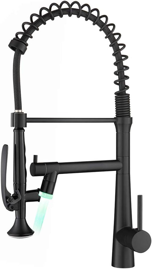AIMADI Black Kitchen Faucet with Sprayer,Commercial Faucet Kitchen Single Handle Spring Pull Down Kitchen Sink Faucet with LED Light,Matte Black
