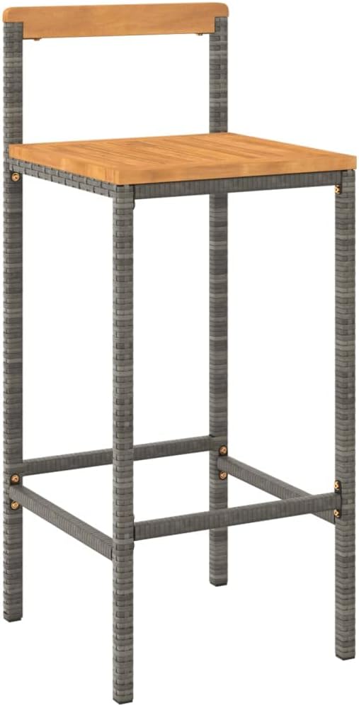 Modern Grey Poly Rattan Bar Stool Set of 2 with Acacia Wood Accents and Footrests for Indoor Outdoor Dining, Durable Steel Frame and Comfortable Seating