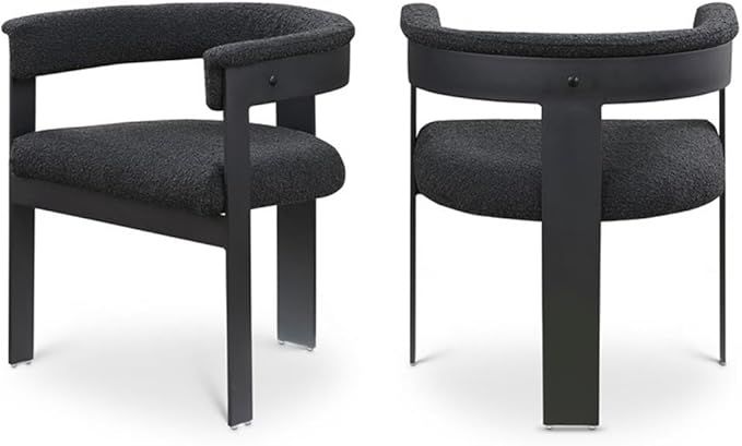 Pemberly Row Contemporary Dining Chairs, Black Boucle Fabric, Matte Black Metal Frame, Set of 2, 23.5" W x 21.5" D x 28" H, Textured Upholstery, Modern Kitchen or Dining Room Seating