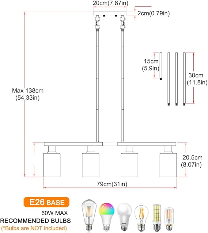 4-Light Kitchen Island Lighting, Gold Dining Room Light Fixtures over Table, Island Lights with Glass Shade, Farmhouse Pendant Lights Kitchen Chandelier for Restaurant Bar, Height Adjustable