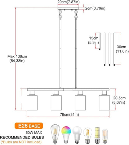 Brushed Nickel 4-Light Kitchen Island Lighting, Adjustable Island Lights for Kitchen with Clear Glass Shades - Kitchen Pendant Lighting over Sink, Farmhouse Chandelier for Dining Tables & Bars