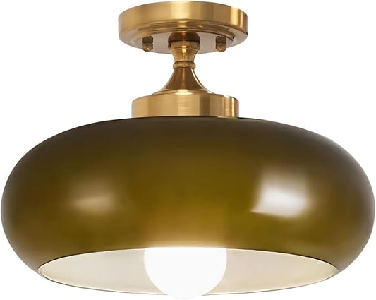 Mid Century Modern Ceiling Light, Dark Green Semi Flush Mount Fixture with Glass Shade, Vintage Chandelier for Hallway Entryway Bathroom Foyer Closet Kitchen
