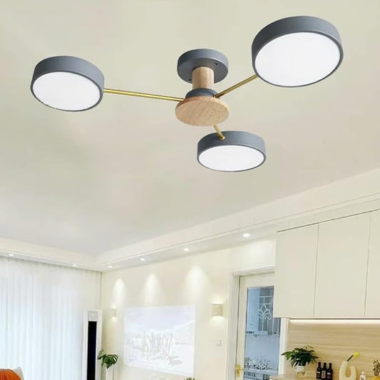 LED Ceiling Light Fixture,26 Inch 3-Lights Modern Ceiling Lights Flush Mount Wooden 24W Dimmable Chandelier for Living Room Bedroom Kitchen,3000K/4000K/6000K Temperatures Selectable Grey