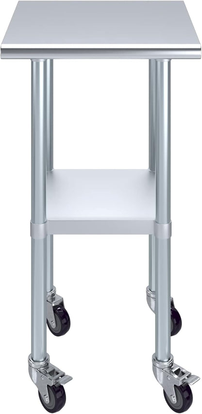 Stainless Steel Work Table with Wheels | NSF Kitchen Island Food Prep | Laundry Garage Utility Bench (Table + Wheels, 20" Long x 20" Deep)