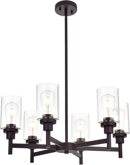 VINLUZ 6 Light Farmhouse Chandelier Classic Pendant Lighting Oil-Rubbed Bronze Industrial Ceiling Lighting Fixture with Clear Glass Shades for Dining Room Kitchen Livingroom