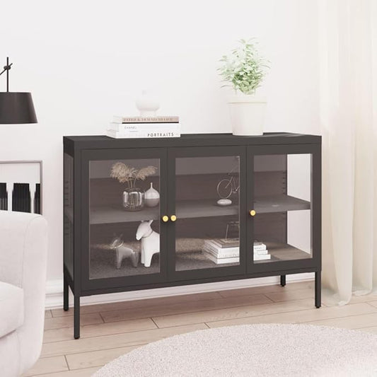 Anthracite Sideboard, Powder-Coated Steel, Tempered Glass Doors, 13.8x41.3x27.6 in. Modern Storage Cabinet for Living Room, Dining Room, Home Office Kitchen Furniture