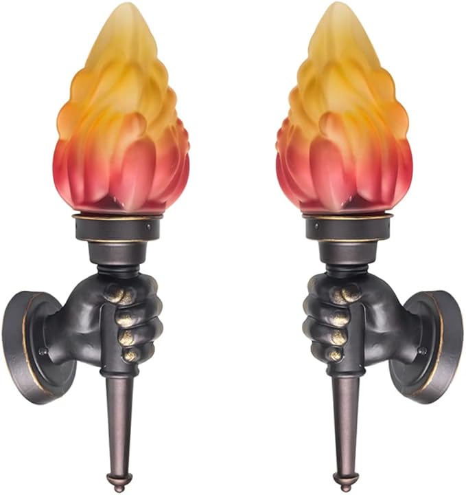 Retro Outdoor Waterproof Wall Light Fixture Holding Torch Wall Lamp Left+Right Torchbearer Hand Light Glass Lampshade E27 LED Bulb 7W Industrial Style,Bronze Finish,3000K(2Pcs)
