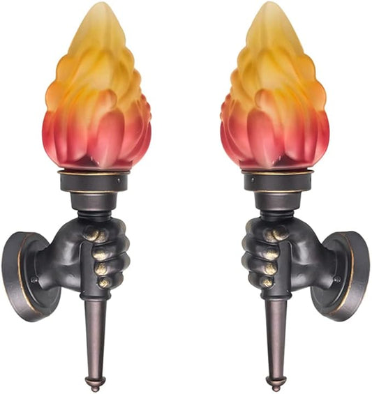 Retro Outdoor Waterproof Wall Light Fixture Holding Torch Wall Lamp Left+Right Torchbearer Hand Light Glass Lampshade E27 LED Bulb 7W Industrial Style,Bronze Finish,3000K(2Pcs)