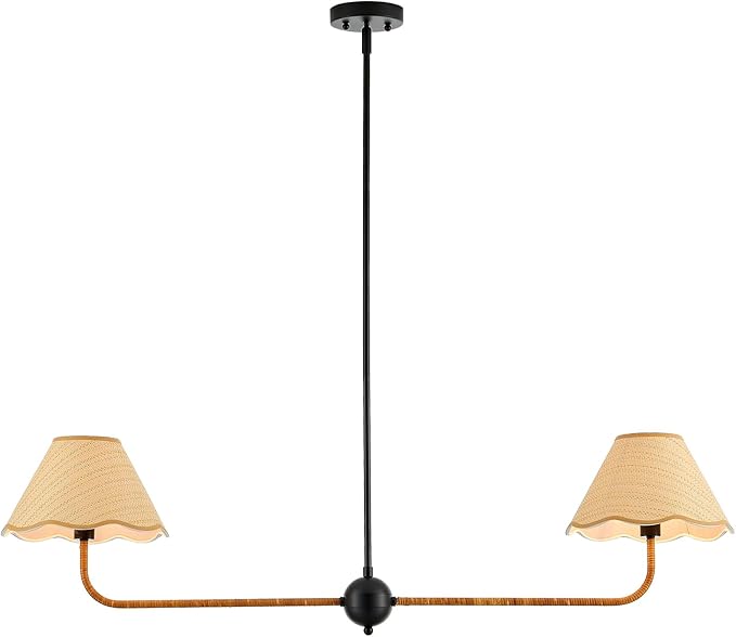 VILUXY 2-Light Linear Chandelier Kitchen Island Lighting Fixture with Rattan Shade 47’’ Farmhouse Linear Light Fixture for Dining Room, UL Listed