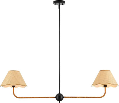 VILUXY 2-Light Linear Chandelier Kitchen Island Lighting Fixture with Rattan Shade 47’’ Farmhouse Linear Light Fixture for Dining Room, UL Listed