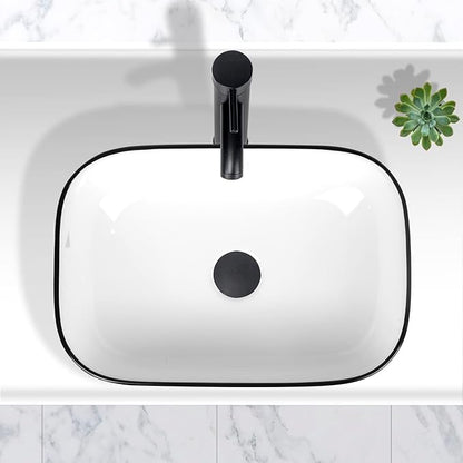 Bathroom Vessel Sink with Faucet Combo, 18" x 13" White Ceramic Above Counter Basin with Black Rim, Modern Rectangular Porcelain Vanity Sink & Pop-Up Drain for Lavatory